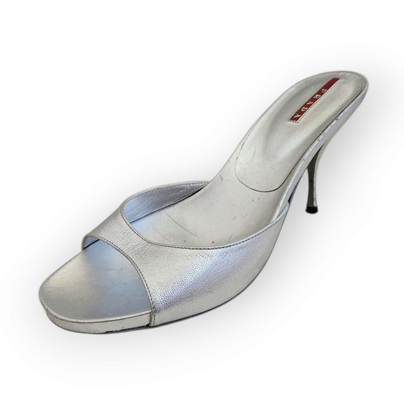 Prada Metallic Silver Leather Heeled Sandals - Picture 1 of 7